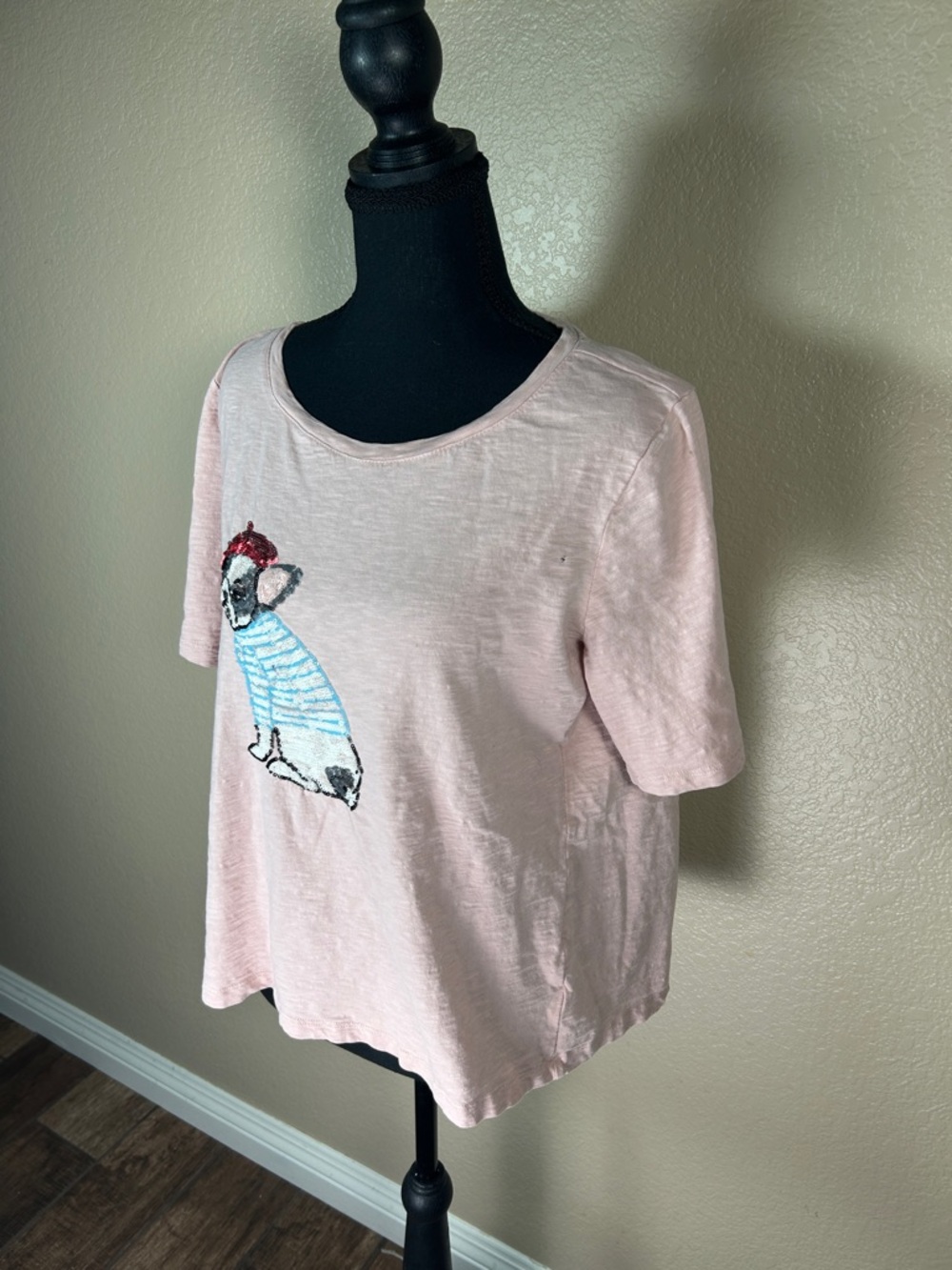 Talbots Peachy Pink Sequin French Bulldog Frenchie Short Sleeve Tee Size Large - Picture 3 of 7
